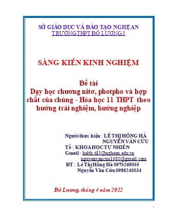 SKKN Dạy học chương Nitơ, photpho và hợp chất của chúng - Hóa học 11 THPT theo hướng hoạt động trải nghiệm, hướng nghiệp