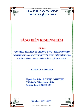 SKKN Dạy học Hóa học 11 chương Nitơ - Photpho theo định hướng gắn lý thuyết với thực tiễn nâng cao chất lượng, phát triển năng lực học sinh