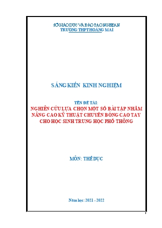 SKKN Nghiên cứu lựa chọn một số bài tập nhằm nâng cao kỹ thuật chuyền bóng cao tay cho học sinh Trung học Phổ thông