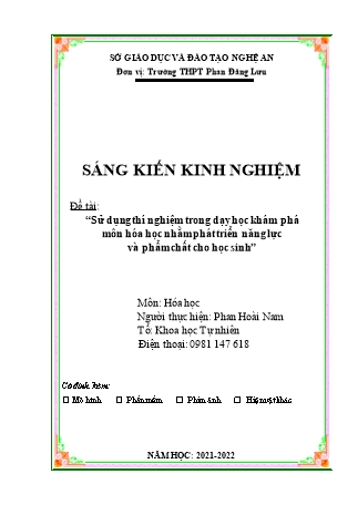 SKKN Sử dụng thí nghiệm trong dạy học khám phá môn Hóa học nhằm phát triển năng lực và phẩm chất cho học sinh