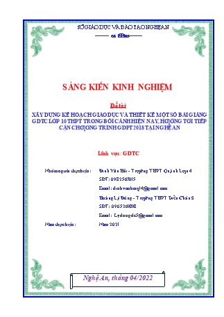 SKKN Xây dựng kế hoạch giáo dục và thiết kế một số bài giảng GDTC Lớp 10 THPT trong bối cảnh hiện nay, hướng tới tiếp cận chương trình GDPT 2018 tại Nghệ An