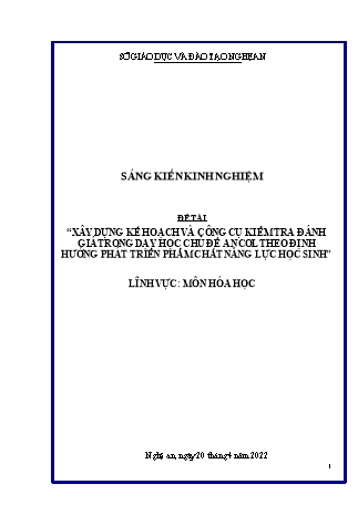 SKKN Xây dựng kế hoạch và công cụ kiểm tra đánh giá trong dạy học chủ đề Ancol theo định hướng phát triển phẩm chất năng lực học sinh