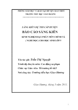 Báo cáo sáng kiến Kinh nghiệm dạy phân môn Chính tả (nghe đọc) cho học sinh Lớp 5