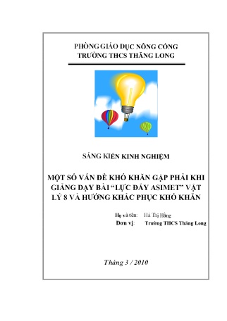 SKKN Một số vấn đề khó khăn gặp phải khi giảng dạy bài “Lực đẩy Asimet” Vật lý 8 và hướng khắc phục khó khăn