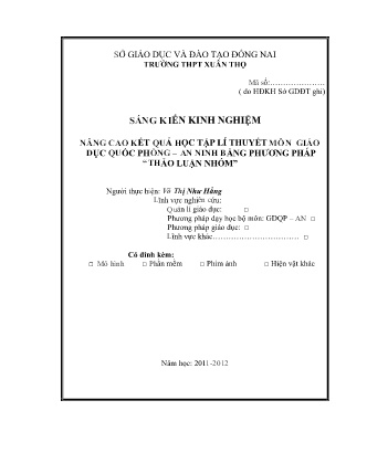 SKKN Nâng cao kết quả học tập lí thuyết môn Giáo dục Quốc phòng – An ninh bằng phương pháp “Thảo luận nhóm”