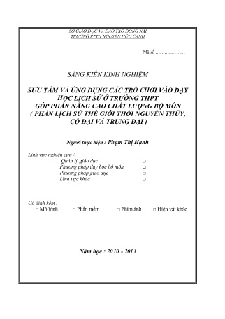 SKKN Sưu tầm và ứng dụng các trò chơi vào dạy học lịch sử ở trường THPT góp phần nâng cao chất lượng bộ môn (Phần Lịch sử thế giới Thời Nguyên thủy, Cổ đại và Trung đại )