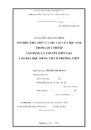 SKKN Tìm hiểu kiến thức và nhu cầu của học sinh trong quá trình vận dụng lý thuyết kiến tạo vào dạy học Tiếng Việt ở Trường THPT