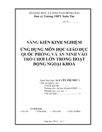SKKN Ứng dụng môn học Giáo dục quốc phòng và An ninh vào trò chơi lớn trong hoạt động ngoại khoá SKKN Ứng dụng môn học Giáo dục quốc phòng và An ninh vào trò chơi lớn trong hoạt động ngoại khoá